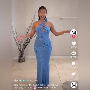 Meshki Kyla Floral Blue Crochet Maxi Dress, XS